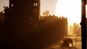 a dystopian destroyed ruined city on sunset, with debris, two damaged cars, smoke and fire, 3D animation, animated scene, camera dolly up fast. - Powered by Shutterstock - Get 15% off with code: PIKWIZARD15