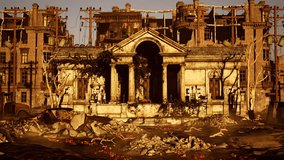 a dystopian destroyed ruined city and monument on sunset, with debris, damaged cars, smoke and fire, 3D animation, animated scene, camera zoom in. - Powered by Shutterstock - Get 15% off with code: PIKWIZARD15