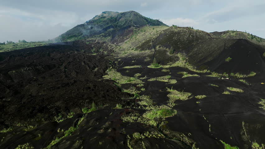 panomarma volcano Batur black lava view drone