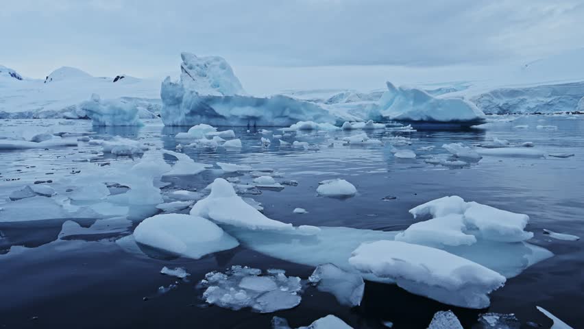 Aerial drone shot of Antarctica Icebergs, Ice Formations of Big Beautiful Massive Icebergs Floating in the Blue Southern Ocean Sea Water on the Antarctic Peninsula on a Zodiac Boat Tour Excursion