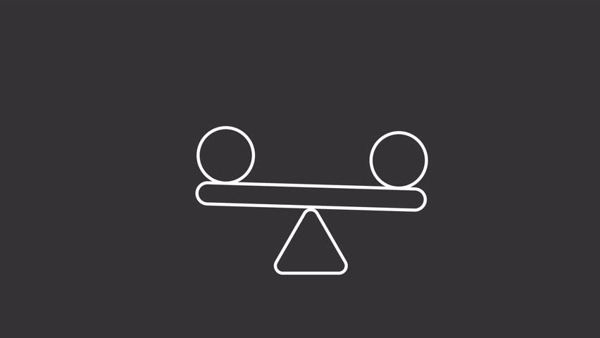Synergy bias white line animation. Animated seesaw and two circles icon. Business concept. Decision making. Isolated illustration on dark background. Transition alpha video. Motion graphic