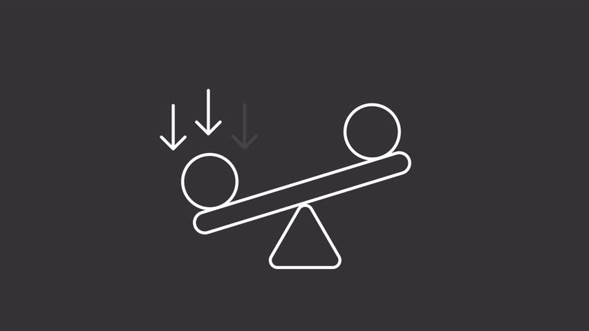 Synergy bias white line animation. Animated seesaw and two circles icon. Business concept. Decision making. Isolated illustration on dark background. Transition alpha video. Motion graphic