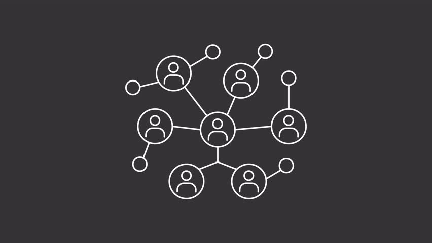 Social network white line animation. Animated interconnected nodes icon. Community building. Group interaction. Isolated illustration on dark background. Transition alpha video. Motion graphic