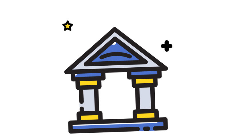 Animated closeup of building icon bank with starlit sky. Suitable for background, holiday concepts, astronomy, travel, and dreamscape designs. Ideal for creating magical scenes.