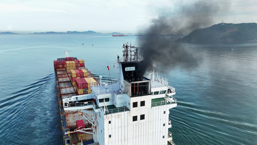 Smoke exhaust gas emissions carbon dioxide from cargo lagre ship container ship,Marine diesel engine exhaust gas from combustion, Gas Emission Air Pollution from transportation. green house effect Eco