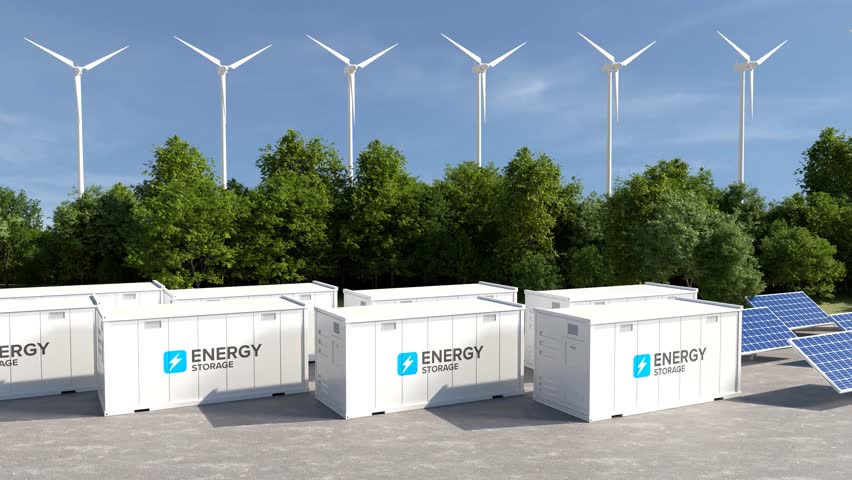 Energy storage systems with wind turbines and solar farms, Green alternative energy, Net zero emissions concept.