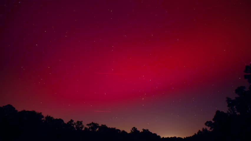 Time lapse of rare (this far south) red Aurora effects in the night sky early morning of May 11, 2024 Mt. Gilead, North Carolina, USA