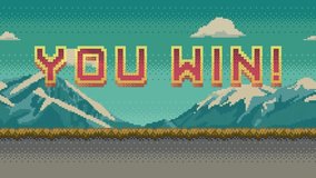 Animated You Win text on 8 bit video game background. Pixel art screen with mountains, sky, clouds, and ground. 4K resolution loop animation. - Powered by Shutterstock - Get 15% off with code: PIKWIZARD15