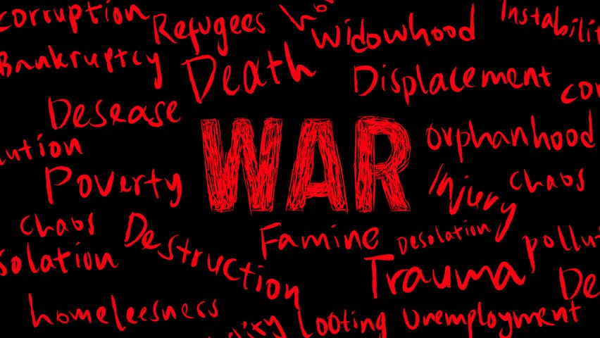 The word war in red, handwritten capital letters on a black background. Surrounded by random words related to conflict. The background is filled with clustered phrases.