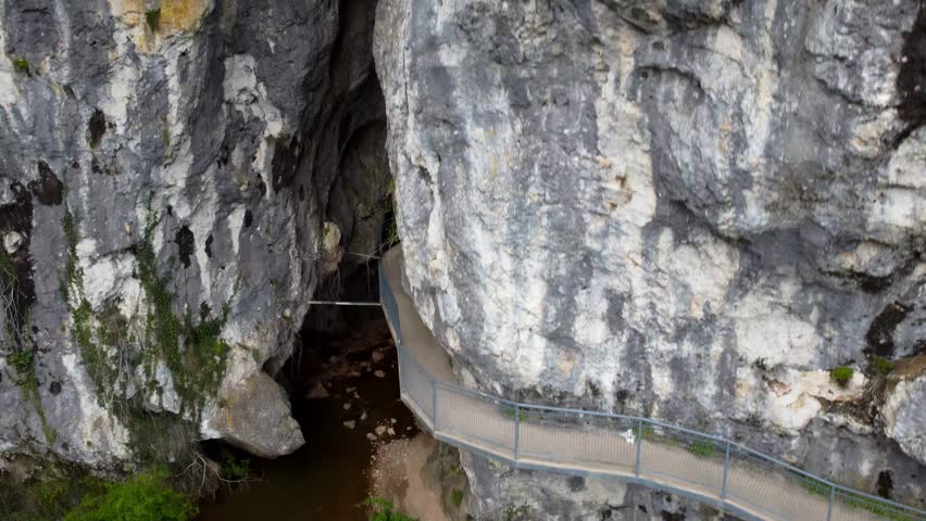 Drone view. Camera shot with vertical movement upwards and horizontal movement backwards . In this camera shot you can see one of the sides of the Desfiladero de La Yecla.
