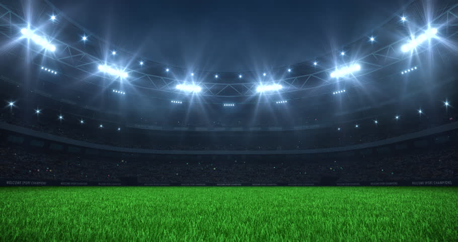 Sports stadium background at night with glowing spotlights and cheering fans. Professional 4K video loop for sports advertisement.