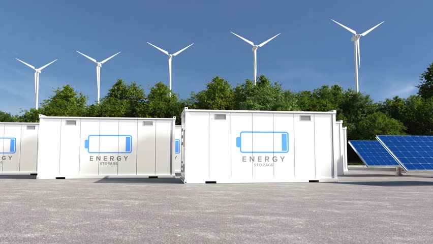 Energy storage systems with wind turbines and solar farms, Green alternative energy, Net zero emissions concept.