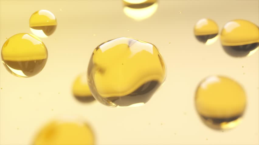 3D animation of golden collagen skin serum and vitamins illustration isolated on a yellow background. Concept of skincare cosmetics solution. 3D rendering. 3D Illustration