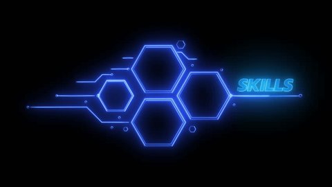 Skill knowledge ability business and technology concept. Work performance is influenced by skills, abilities and competence. Glowing neon line animated skills icon isolated on black background. 스톡 비디오