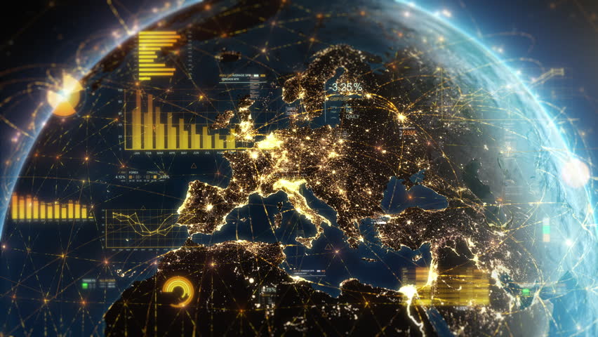 Digital Grid Over Planet Earth Surface at Night. Futuristic Connection Network Covers Europe. Numbers, Data and Financial Charts. Tech, Business and Economy Background. AI, AR, VR.