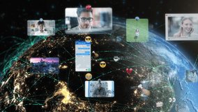 Blue Rotating Earth With Bright Connections Social Media Interfaces, Emoji, Messages and Charts. Futuristic  World From Asia to Europe with Augmented Reality Elements. People. - Powered by Shutterstock - Get 15% off with code: PIKWIZARD15