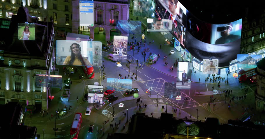 Aerial View of Famous London Piccadilly Circus, United Kingdom.  Regent Street and Shaftesbury Avenue Full of People and Traffic. Social media, Messages, Emoji, Video Platform. 
