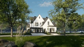 4K video rendering of cute cozy white and black modern Tudor style house with parking  and pool for sale or rent with beautiful landscaping. Fairy roofs. Clear sunny summer day with blue sky