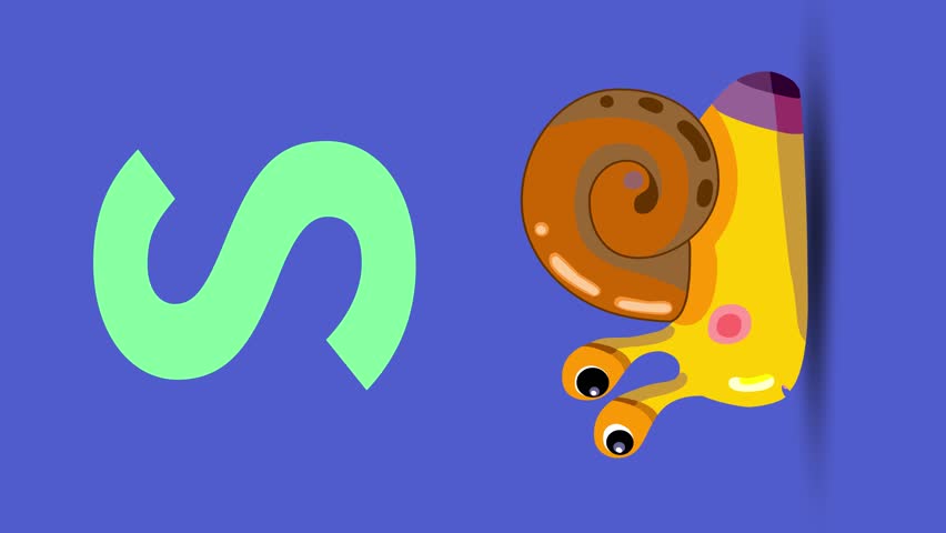 S letter big color vertical like snail cartoon animation. Animal loop. Educational serie with bold style character for children. Good for education movies, presentation, learning alphabet, etc...