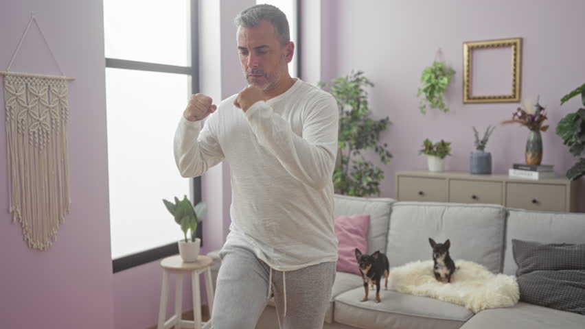 A middle-aged hispanic man exercises indoors in his living room beside two small chihuahua dogs on a comfortable couch with potted plants and pastel pink decorations.