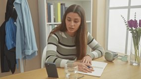 Young hispanic woman engaged in a video call at home, gracefully writing notes with a focused expression in a sunlit room. - Powered by Shutterstock - Get 15% off with code: PIKWIZARD15
