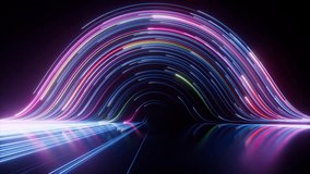 Abstract black background with pink and blue neon glowing lines that move into the distance, curve and fade away. 3d render motion speed of light and hypertunnel. Movement from right to left. - Powered by Shutterstock - Get 15% off with code: PIKWIZARD15
