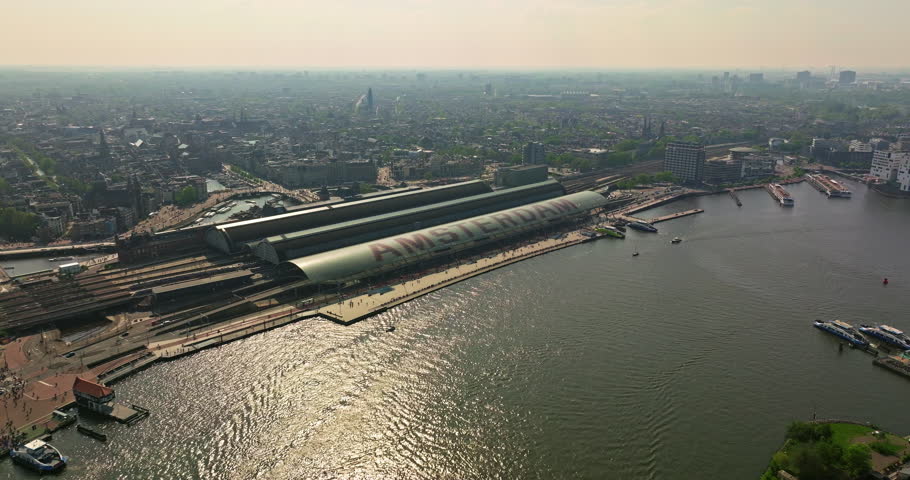 Aerial view of Amsterdam Central Station and city in Netherlands