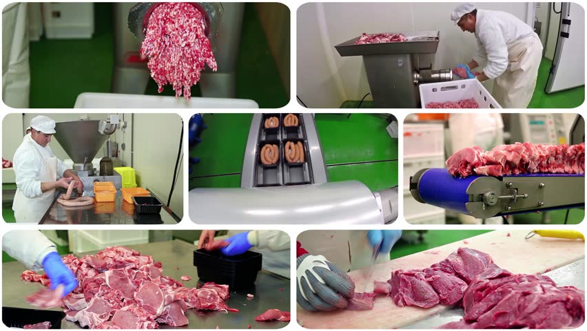 Meat Packing Industry - Multiscreen Video Montage. Butcher at Work. Automatic Vacuum Meat Packaging in Modified Atmosphere. Meat Processing Workers on a Production Line.