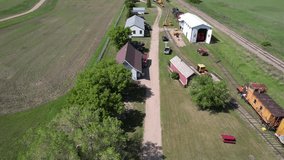 Aerial Drone Video of Railway Museum Outside Saskatoon, SK - Historic Trains, Scenic Surroundings, and Cultural Heritage