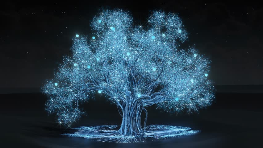 Particles climb the technology tree, light climbs and flows on the trunk and the ground, the blue technology tree, the wish tree,an excellent fusion of technological aesthetics.