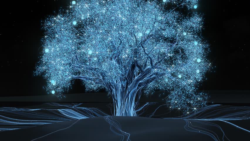 Particles climb the technology tree, light climbs and flows on the trunk and the ground, the blue technology tree, the wish tree, Head and tail loop, an excellent fusion of technological aesthetics.