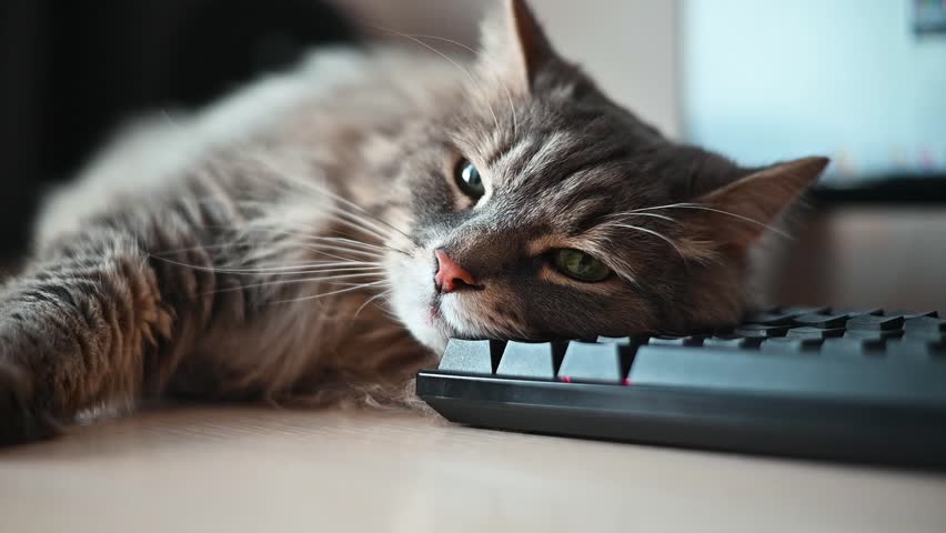 Close up hand stroking grey fluffy cat resting on keyboard, tired sleepy pet