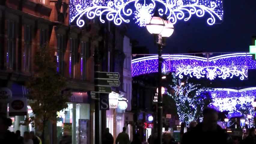 Christmas Lights and shoppers - Market Square, Staffordshire, England
