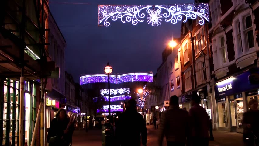 Christmas Street Lights and Shoppers -  Shire Hall, Market Square,