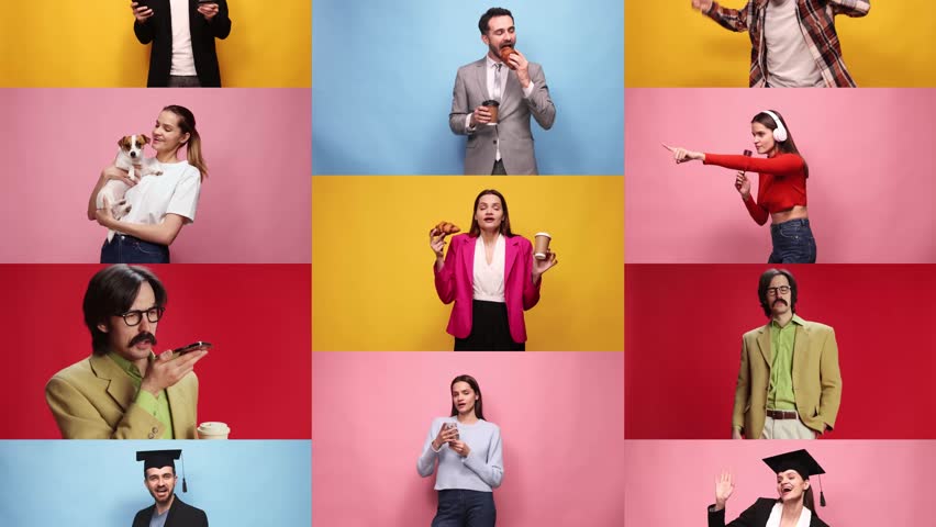 Collage. Various people, men and women of different age, expressing diversity emotions against multicolored background. Happiness, joy and fun. Concept of human emotions, facial expression, lifestyle
