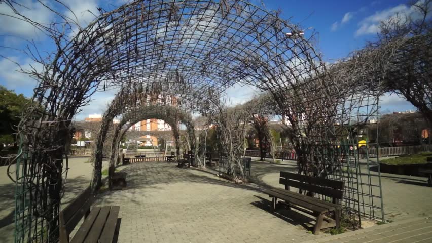 Winter, benches in the park Moret of Huelva is the largest urban park in Andalusia, Spain