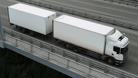 Long distance truck freight. Big lorry cargo transportation drone view from above. Large van drive city street highway. Road way logistic. Fast heavy semi trucks goods delivery. Trucker driver move. - Powered by Shutterstock - Get 15% off with code: PIKWIZARD15