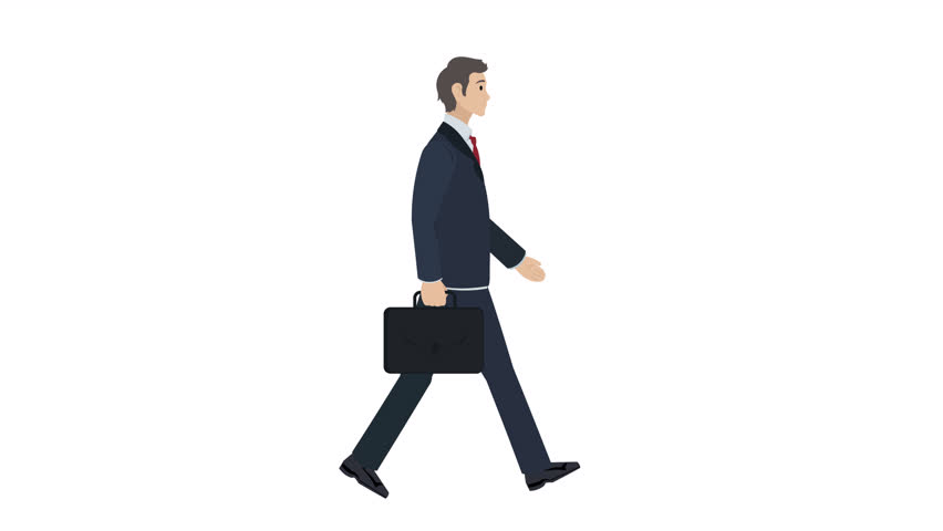Looped animation of a cartoon businessman in a suit, walking with a briefcase. Perfect for presentations, websites. 4k, animated illustration. Alpha Channel includes .