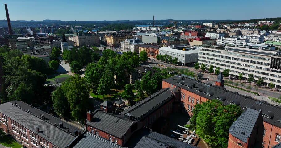 Aerial overview of the Keskustori market and the cityscape of sunny Tampere