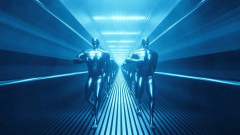 Group of metal robots walking in a tunnel. Front view moving humans figure for cyberpunk sci-fi style projects, banners, posters. 4k cgi footage. Three-dimensional modern design stock video.: stockvideo