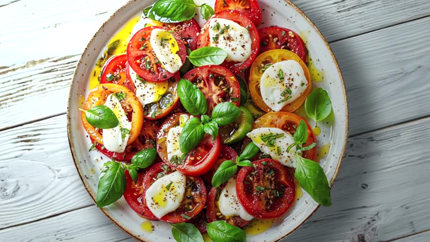A delicious Caprese salad made with fresh tomatoes, mozzarella cheese, and basil leaves, drizzled with olive oil. Perfect for a healthy appetizer.