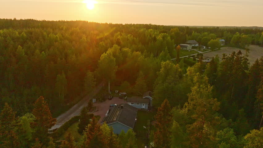 Aerial view away from a house in middle of vibrant forest, on a summer evening