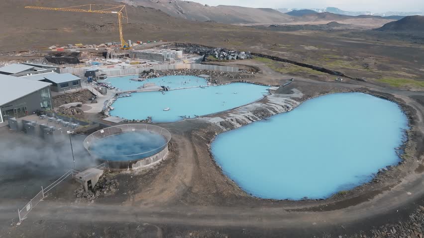 Aerial view of the Blue lagoon in Iceland. The most famous and popular SPA place in Iceland. Landscape from air. Vacation image. Blue and hot water in geothermal lake.