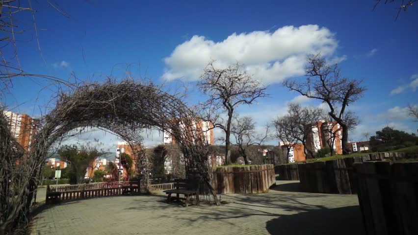 Benches in the park Moret of Huelva is the largest urban park in Andalusia, Spain