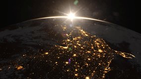 Sunrise Over the Earth. Sun Rising Above USA Night Cities Lights. Scenic Space Satellite View. Beautiful Dawn Over North America. Night to Day Change. Modern Business and Technology Concept 4k UHD. - Powered by Shutterstock - Get 15% off with code: PIKWIZARD15