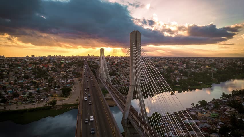 Francisco del Rosario Sánchez bridge or Puente de la 17 at sunset, Santo Domingo in Dominican Republic. Hyperlapse timelapse