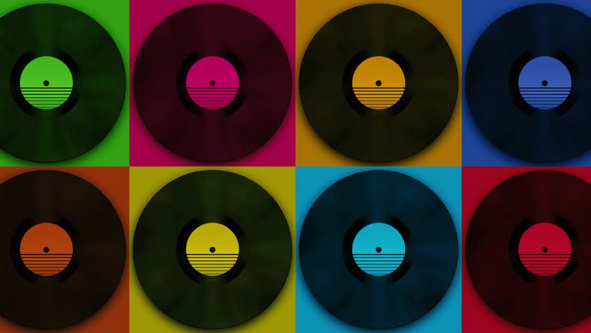 Spinning vinyl discs on simple colors background. Seamless looping footage.Old technology. Retro design. 3D animation of music record rotating. Loop animation. Retro music vintage, Synthwave style