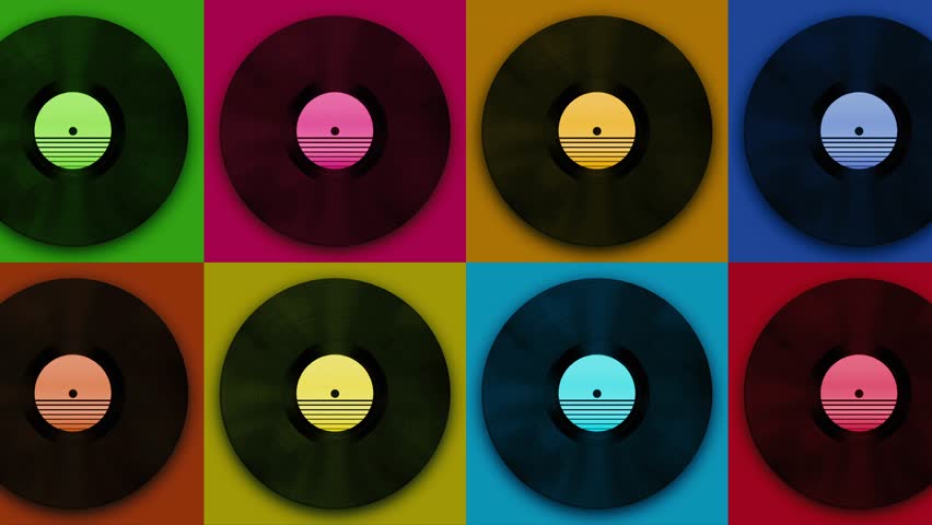 Spinning vinyl discs on simple colors background. Seamless looping footage.Old technology. Retro design. 3D animation of music record rotating. Loop animation. Retro music vintage, Synthwave style