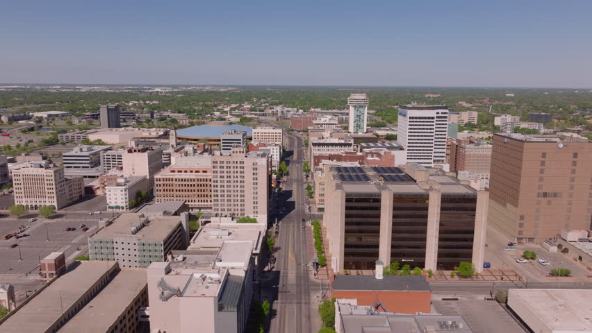 Dynamic downtown Wichita skyline from above. City