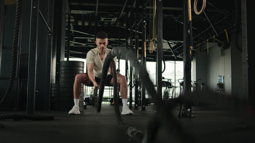 Powerful man training battle ropes cardio workout in dark gym male professional athlete Caucasian guy sportsman exercise fitness sport club equipment strong bodybuilder lifting weights in squat pose